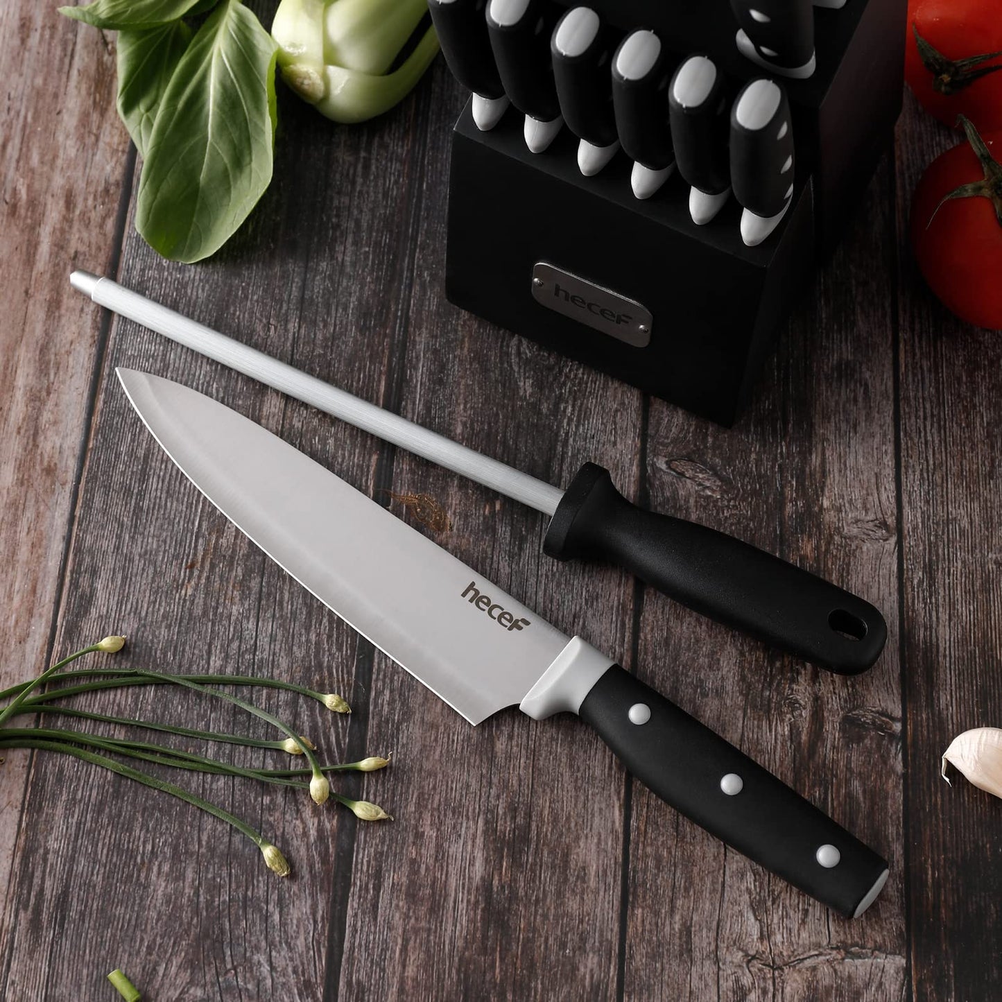 hecef Kitchen Knife Block Set, 14 Pieces Knife Set with Wooden Block & Sharpener Steel & All-purpose Scissors, High Carbon Stainless Steel Cutlery Set (Yellow)