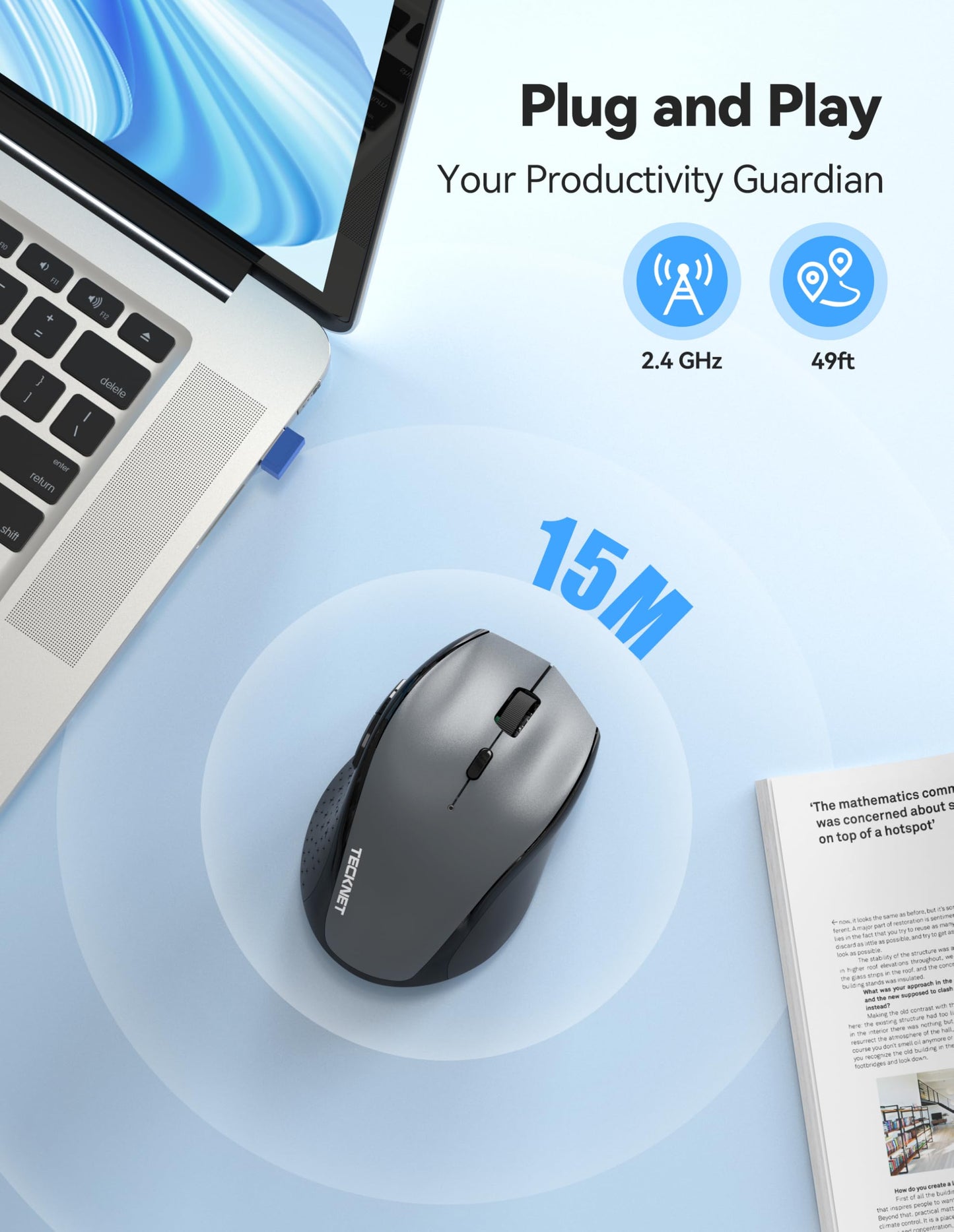 TECKNET Wireless Mouse Rechargeable,Mouse for Laptop Computer,2.4G USB Computer Mice Wireless,6 Button 6400 DPI Ergonomic Silent Mice,Portable Cordless Travel Mice-Wide Compatibility