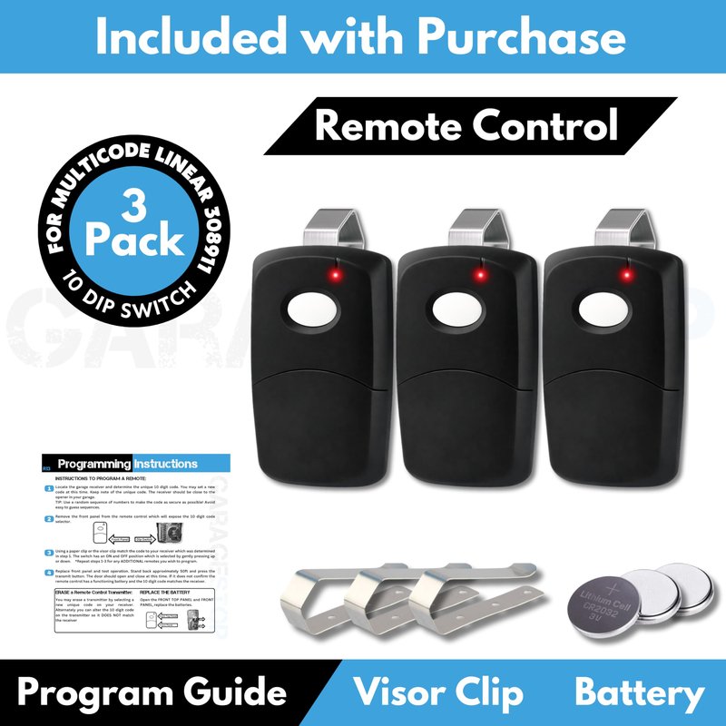 3X for Multicode Linear 308911, 10 dip Switch Gate Opener Remote 300MHz, Multi Code Garage Door Opener Remote, Black Garage Clicker Replacement