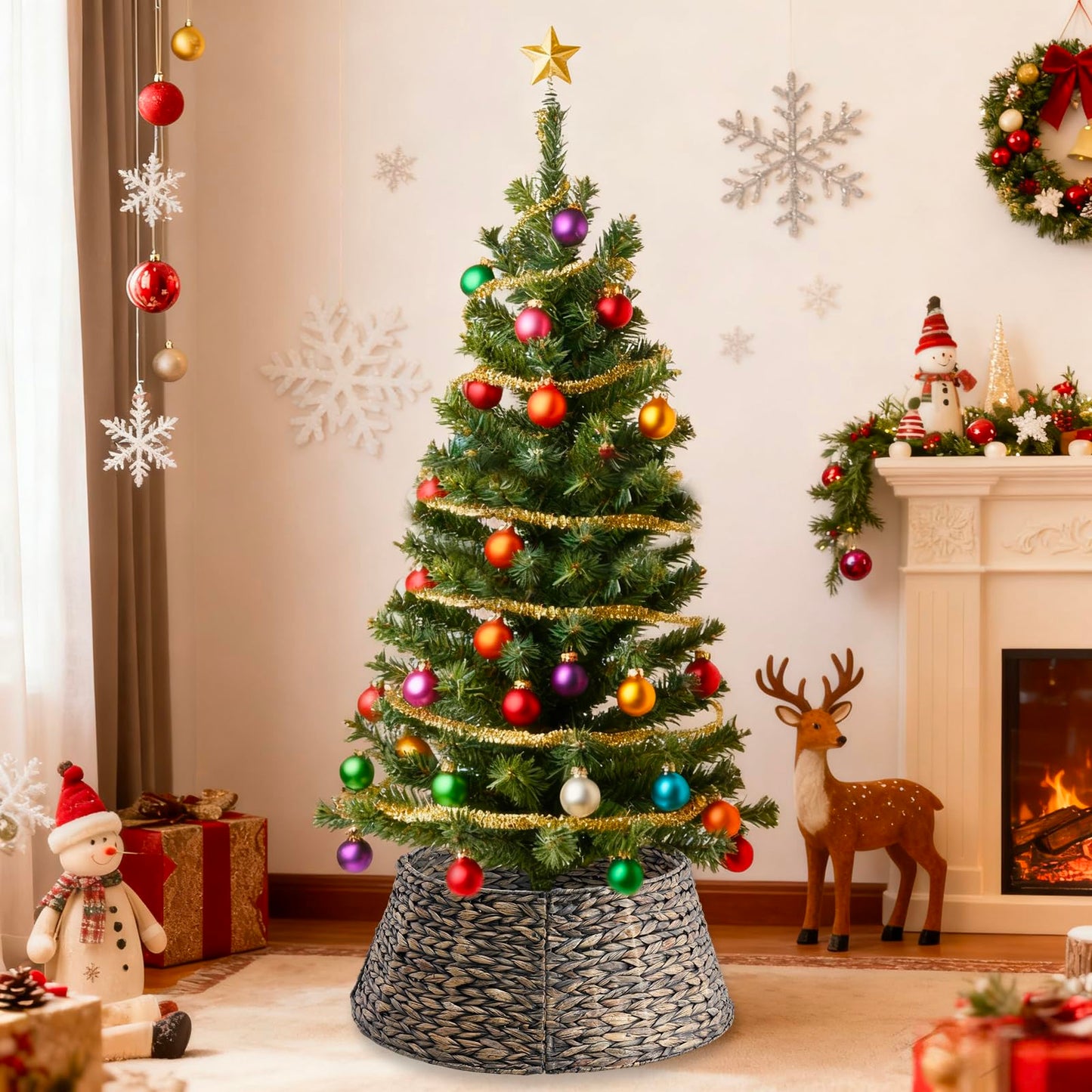 Sweetcrispy 24inch Christmas Tree Collar for 4.5-6ft Trees, Woven Hyacinth Rattan 4-Panel Collar w/Cord Access Hole & Easy Lock Design, Handwoven, Black