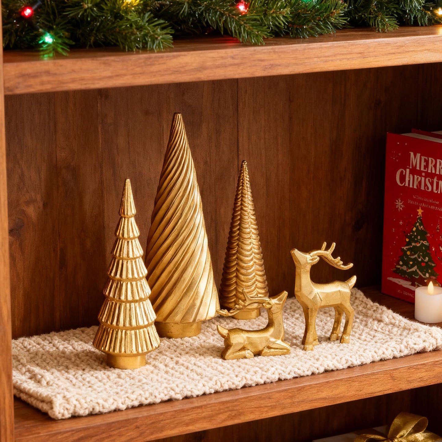 WDS WONDROUS Christmas Decoration Reindeer and Mini Trees Gold, Resin Reindeer Statues and Xmas Tree Figurines for Indoor Home Decor, Tabletop Mantle Cabinet Desktop Office