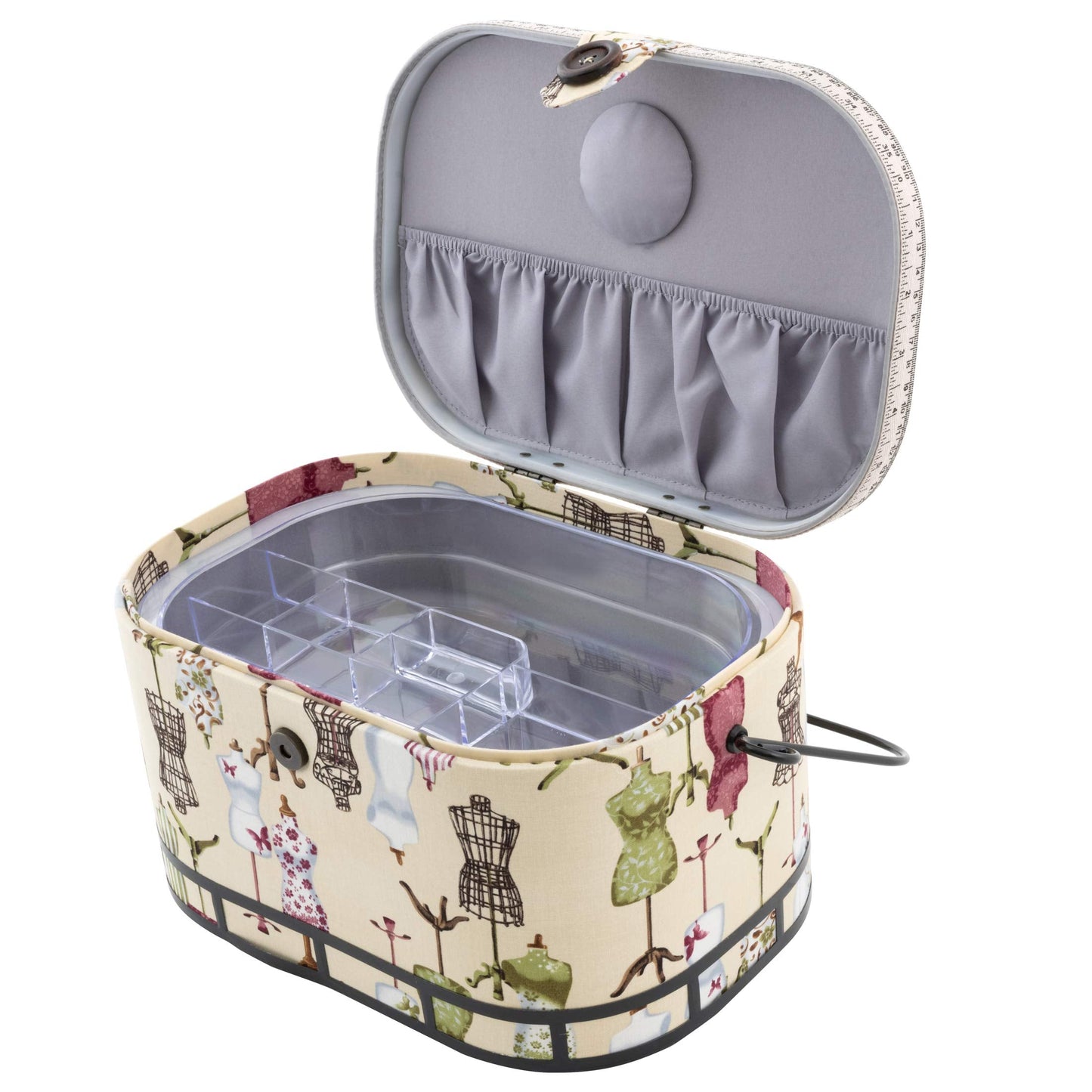 Dritz Large Oval Sewing Basket with Metal Handle, Vintage Dress Form Print