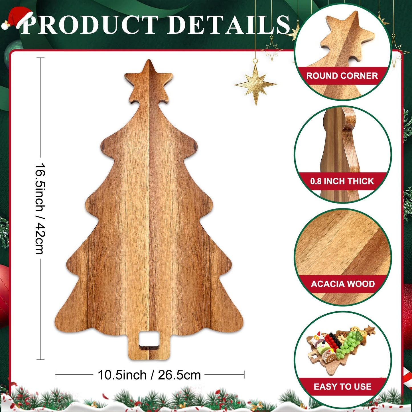 16.5" Wooden Christmas Tree Charcuterie Boards Acacia Wood Cutting Board with Handle Christmas Kitchen Decor Gifts Xmas Serving Cheese Board Festive Decorative Food Tray Holiday Xmas Tree Platters