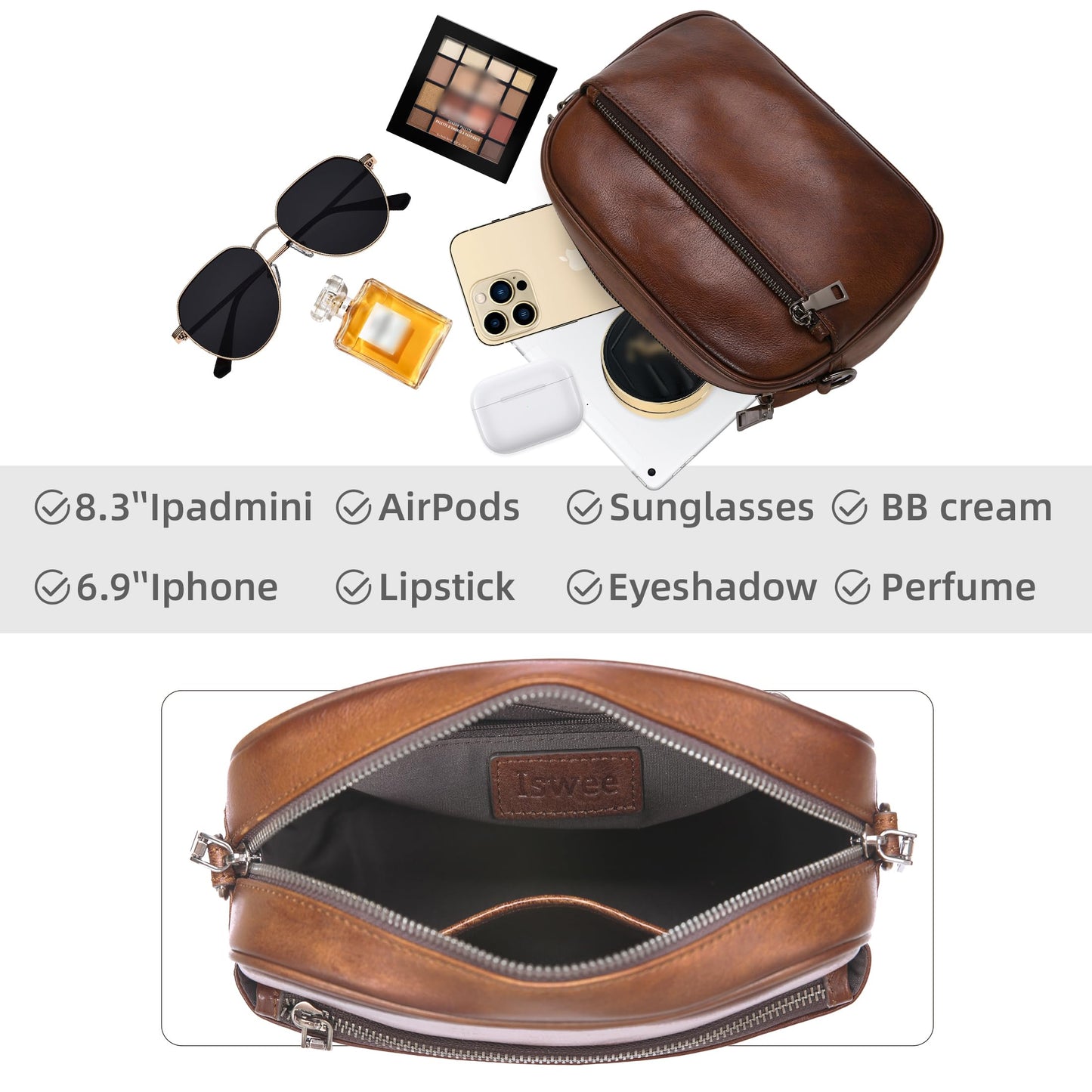 Iswee Crossbody Bags for Women Genuine Leather Shoulder Purse Satchel Bags Leather Purse and Handbags with Adjustable Guitar Strap(Coffee)