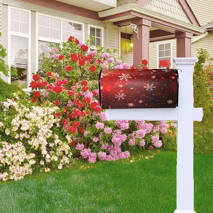 Festive Magnetic Mailbox Cover Red Snowflake Outdoor Mailbox Protector Holiday Seasonal Decorative Garden Yard Home Large Size 25.5 x 21 Inch