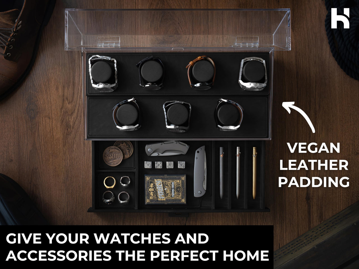 Premium 7 Slot Watch Box for Men - Large Wooden Watch Display Case with Hinged Cover, Leather Lining & Drawer - Watch Holder Organizer Stand - Handcrafted Luxury Father's Day Present for Men