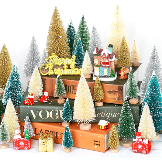 30Pcs Mini Christmas Tree Decor, Artificial Christmas Tree 5 Sizes,Mini Sisal Snow Frost Trees with Wooden Base for Christmas Decor Christmas Party Home Table Craft Decorations (B/Multicolor)