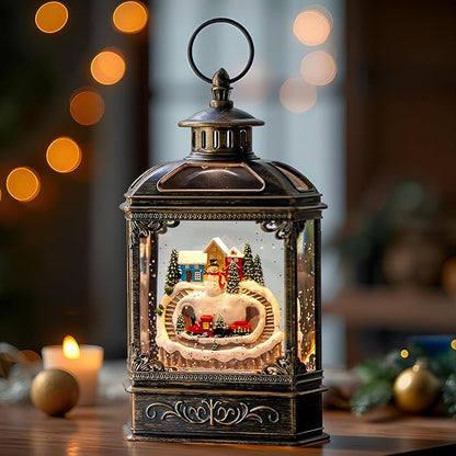 Christmas Snow Globe Lantern Water Glittering Snowman & Train with Music, USB Lined/Battery Operated Lighted Lantern for Christmas Festival Decoration Gifts