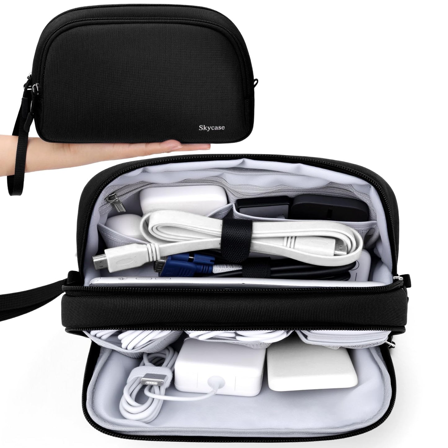 Skycase Travel Cable Organizer - Lightweight Water Resistant Dual-Layer Tech Pouch with Wrist Strap 11 Compartments Electronic Organizer Travel Case for Charger Cord Hard Drive,Large,Black