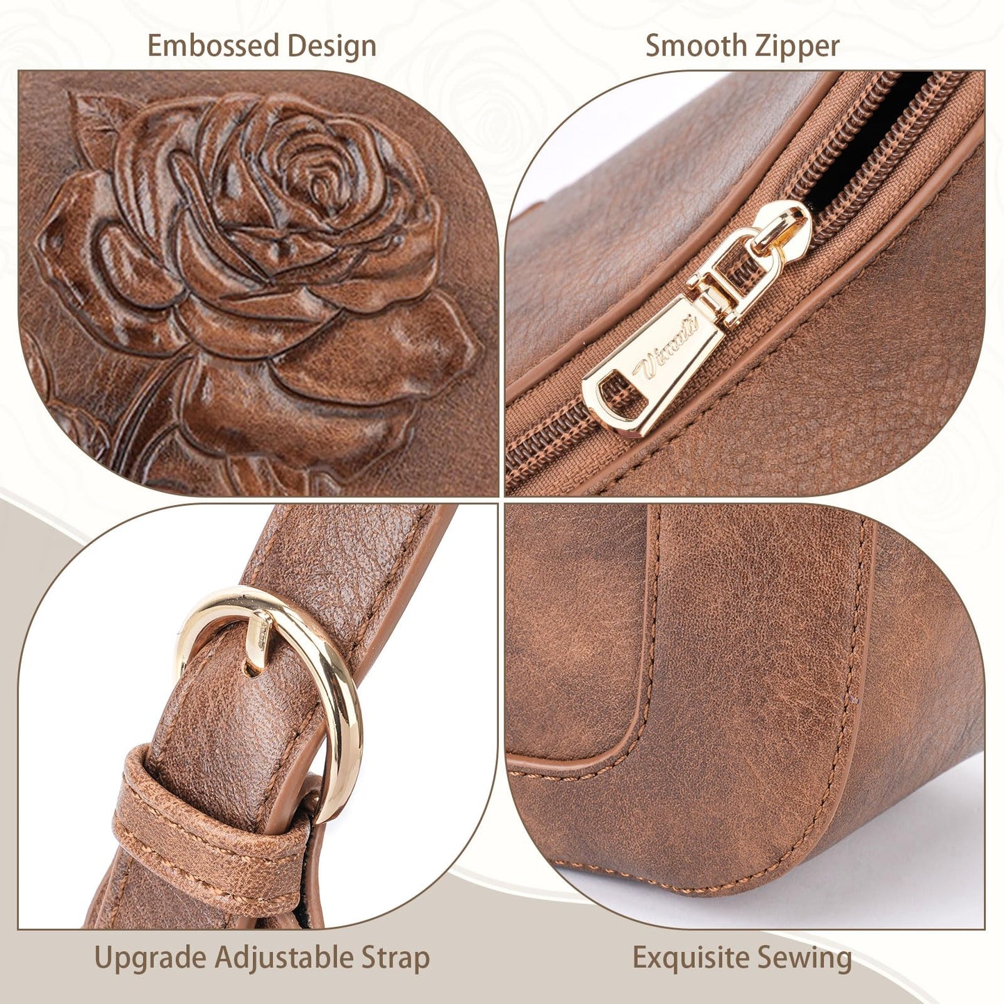 VIMUTI Small Shoulder Bag for Women, Vegan Leather Embossed Hobo Purse with Underarm Strap, Compact Daily Handbag (Brown)
