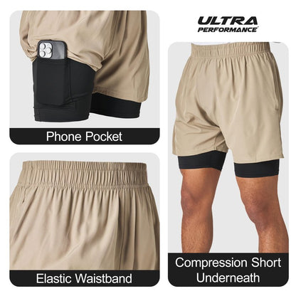 Ultra Performance Men's Athletic 2 in 1 Compression Shorts 2 Pack Mens Gym Workout Running Short’s for Men, 5 Inch Inseam Espresso/Khaki