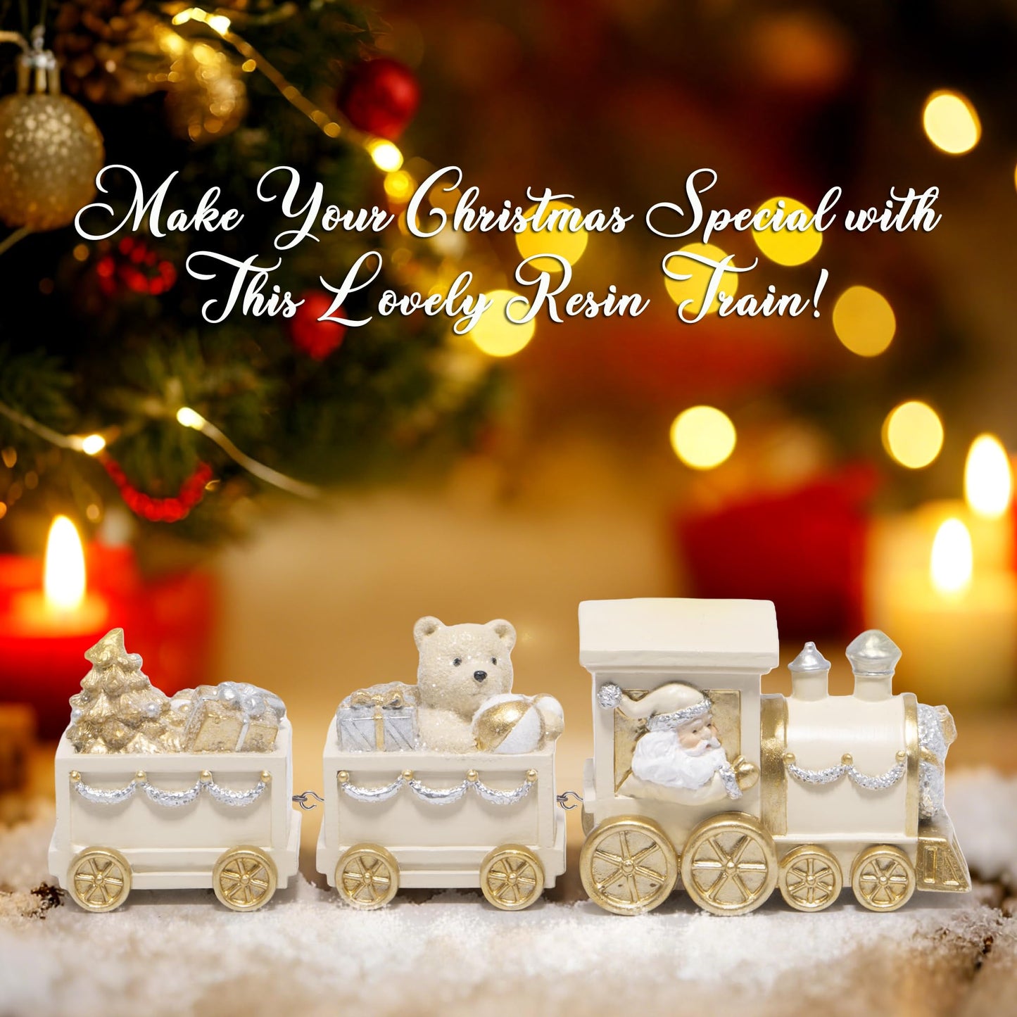 Hodao White Gold Christmas Train Decorations – Elegant Hand-Painted Resin Santa Claus and Teddy Bear Train, Luxury Ornament for Tabletop, Mantel, Home Christmas Decor Display