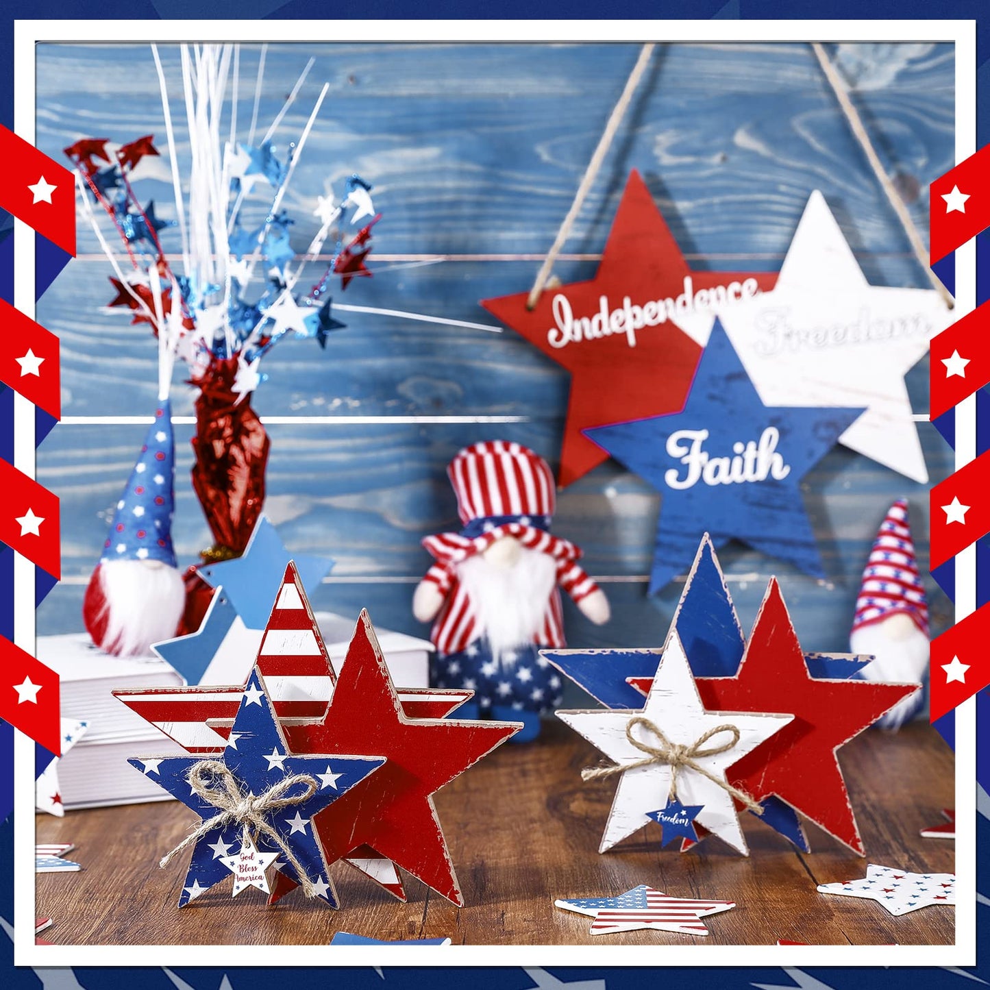 Pinkunn 2 Pcs 4th of July Wooden Star Decoration 250th Anniversary Large Faith Sign Patriotic Wooden Home Table Decor for Living Room Dining Table Centerpieces Memorial Day Decorations