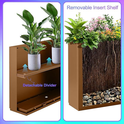 Tall Metal Planter, 10" W×16.3" H Large Rectangular Planter Box for Outdoor or Indoor, All-Weather Durable Plant Box with Drainage Holes & Removable Shelf for Patio, Porch, Garden, Trees, Flowers