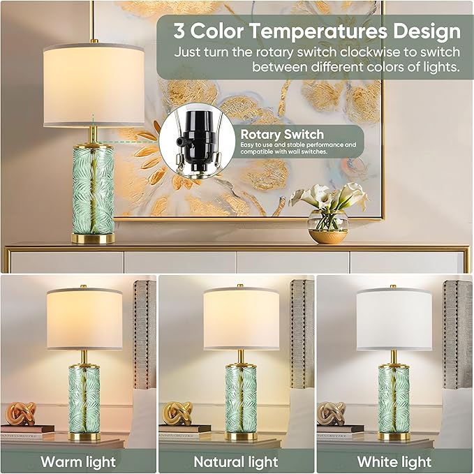 QiMH Glass Table Lamp Set of 2, Modern Gold Bedside Lamp with Stereo Palm Leaves Vein Glass for Living Room, Green Nightstand Lamps for Bedroom Home Office Reading Decor(Bulbs & Shades Included)