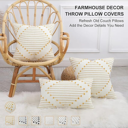 Mecatny Boho Outdoor Throw Pillow Covers 12X20 Set of 2, Farmhouse Lumbar Pillow Covers for Couch Sofa Living Room, Yellow & White