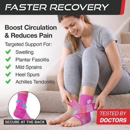 Sleeve Stars Ankle Brace for Women & Men, Ankle Wrap for Sprained Ankle, Compression Sleeve for Plantar Fasciitis Relief, Easy Customizable Support: w/Removable Strap (Single/L:12"-13"/Hot Pink)