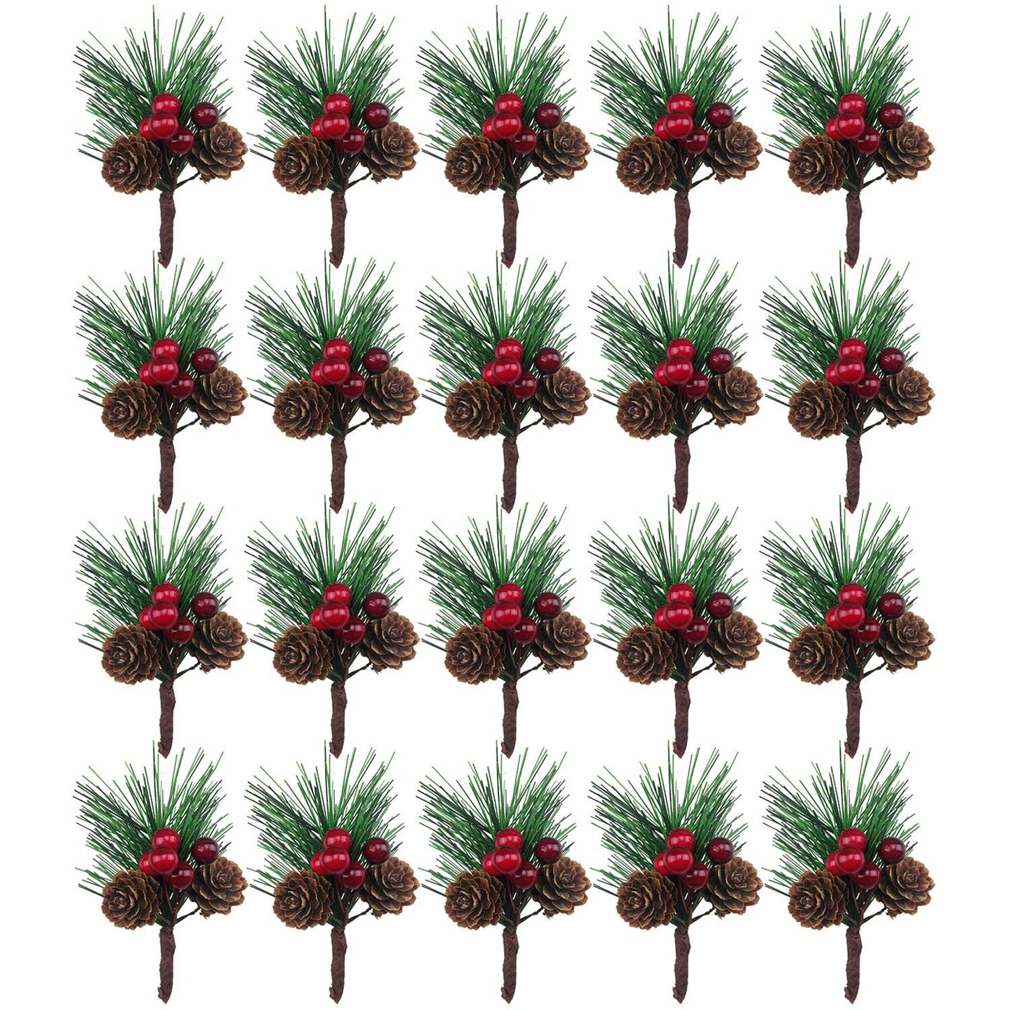 BLEBRDME 20PCS Artificial Pine Picks Small Pine Tree Plants Red Pinecones for Christmas Flower Arrangements Wreaths and Holiday Decorations