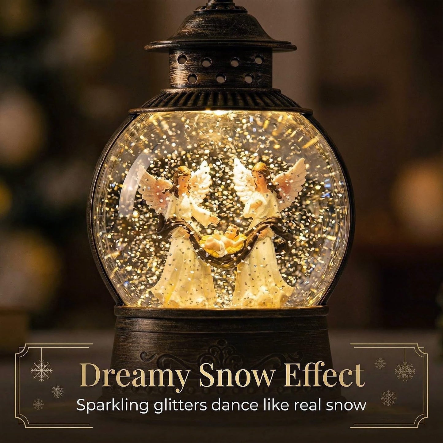 SMOOTHWIND 9.7'' Christmas Angel Snow Globe, Musical Lighted Water Lantern, Retro Decoration with Swirling Glitter, USB Powered and Battery Operated, Xmas Home Décor Gift (Baby Jesus with Angel)