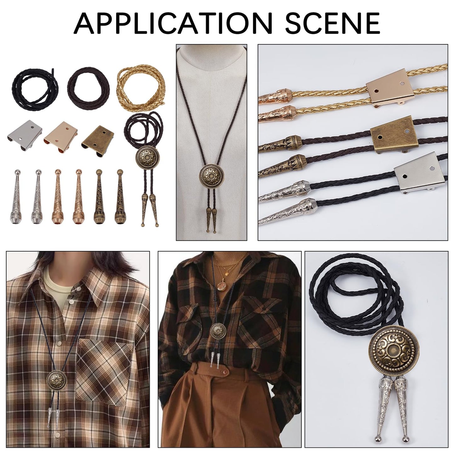 NICENEEDED Bolo Tie Making Kit, Bolo Tie Tips Replacement Accessories with 6 PCS Zinc Alloy Cord End 3 PCS Slide Clasps and 3 PCS Leather Necktie Cord, Western Style Tie Supplies for Bolo Tie Making