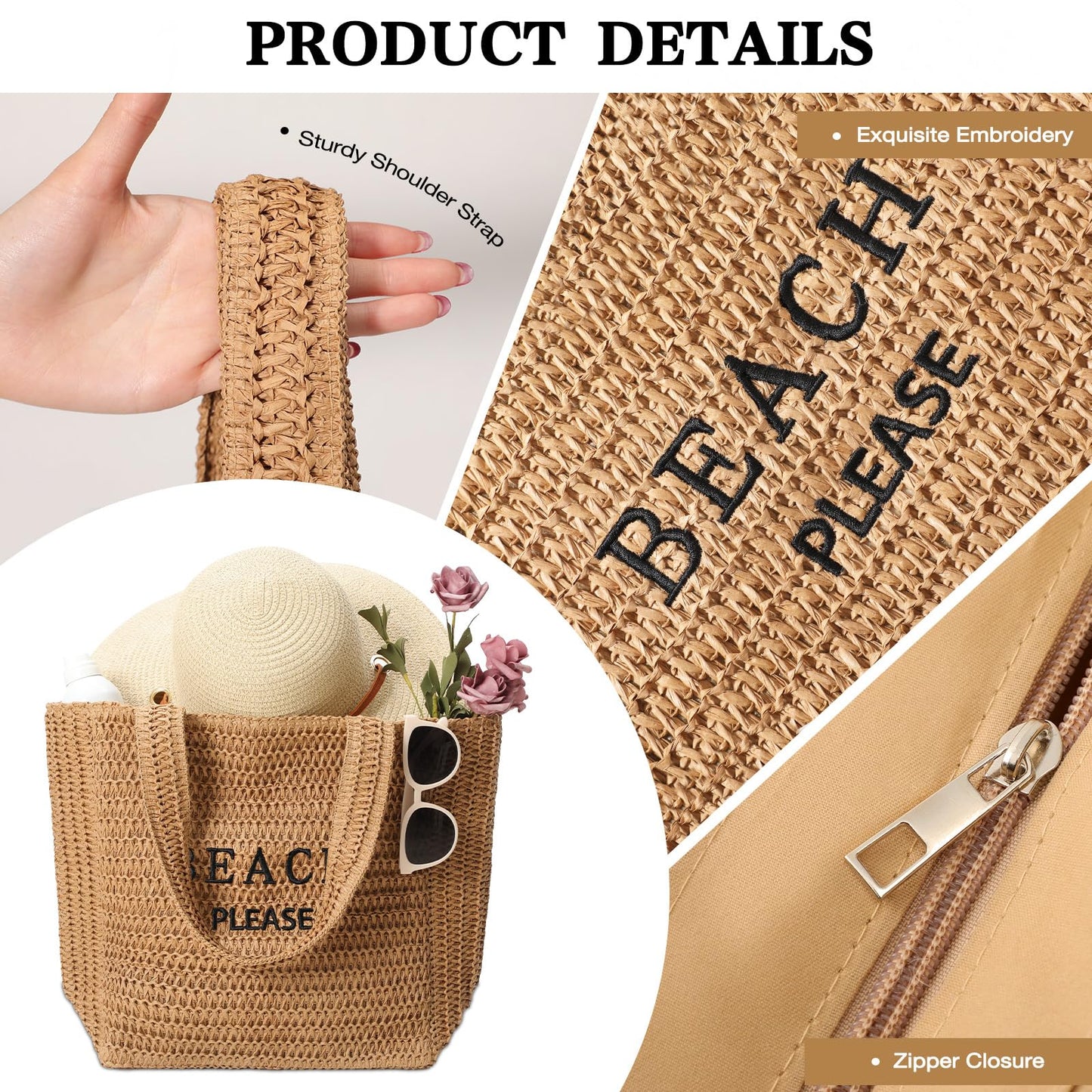 Tavaleu Straw Beach Bags for Women, Large Beach Bag Summer Woven Tote Bag Travel Shoulder Handbags for Holiday