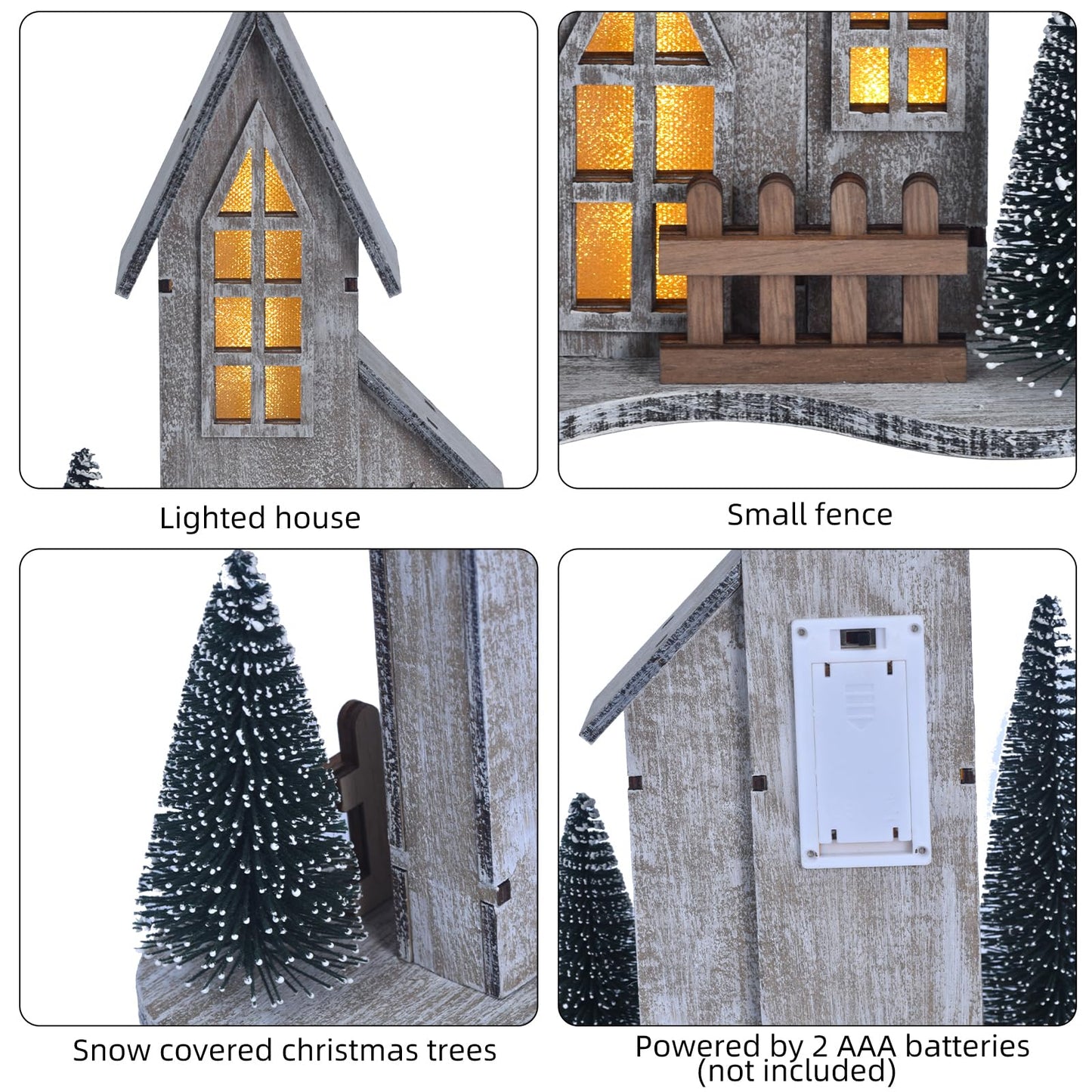 Wooden Christmas Village House with LED, Xmas Decor Indoor Tabletop Centerpiece with Tree, Lighted Christmas House Decor for Home Shelf Mantle, Winter Holiday Village Display (Style A)