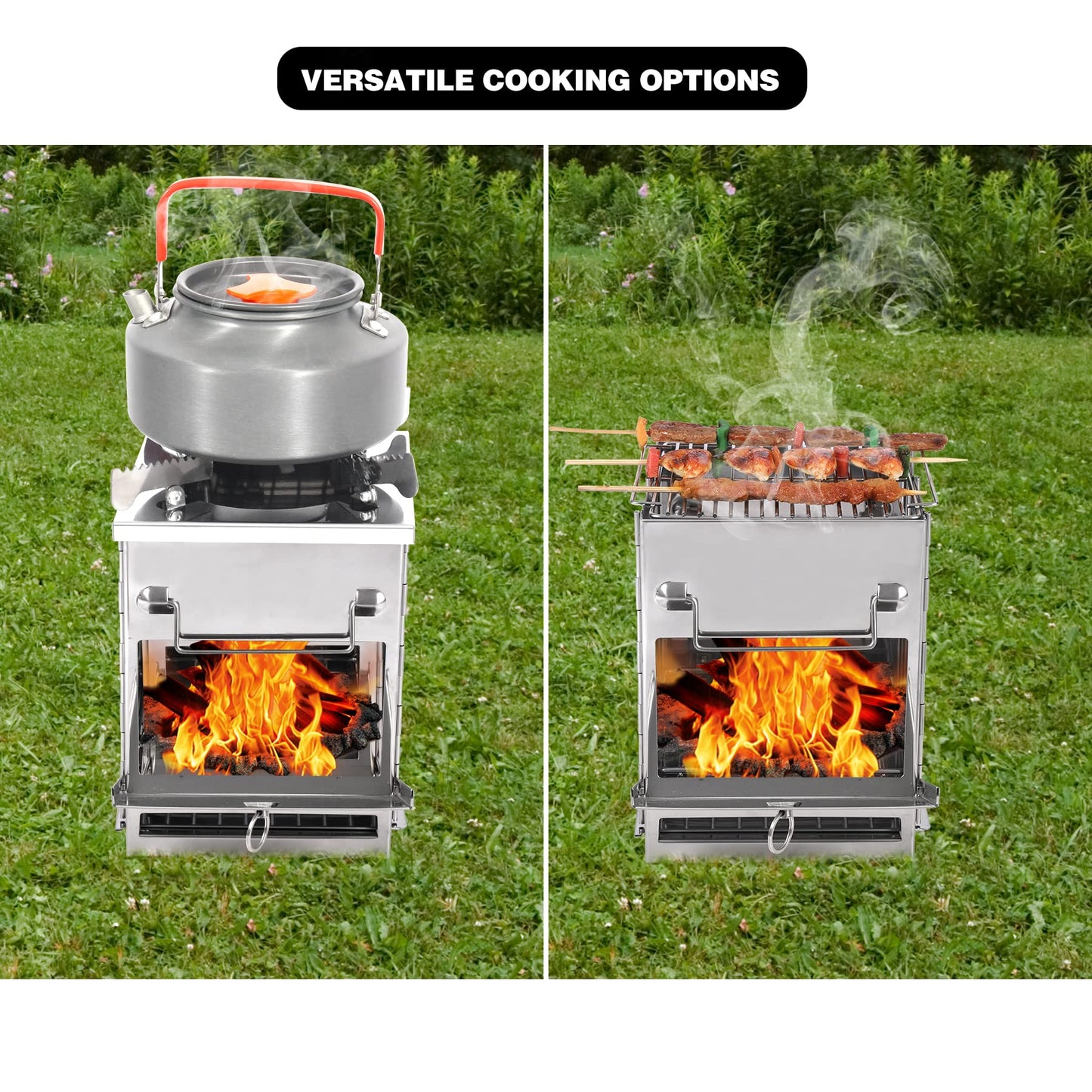 REDCAMP Wood Burning Folding Camp Stove Stainless Steel Grill and Pot Stand, Portable Collapsible Backpacking Stove Survival Rocket Stove for Hiking Outdoor Tent Camping Picnic, Largel with Pot Stand