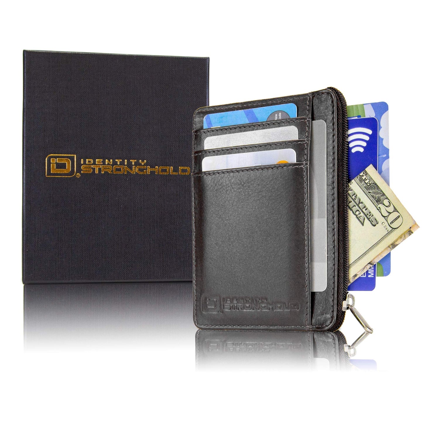 ID Stronghold RFID Front Pocket Wallet Mini Minimalist Wallet Slim Wallet Genuine Leather with Zipper, Small Black