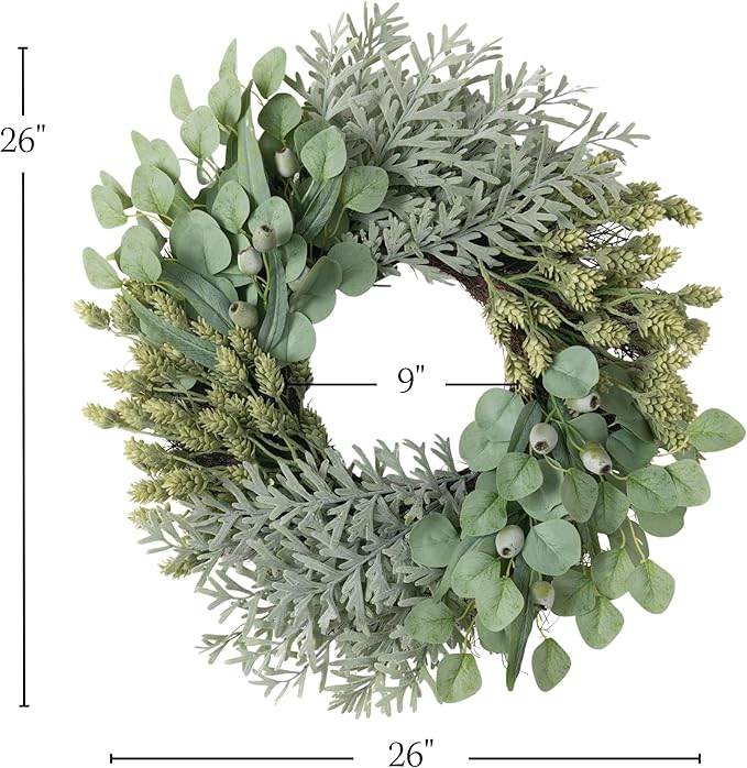 Sullivans Eucalyptus Wreath for Front Door, 26" Mixed Olive Green Pod Leaf Round Summer Wreaths, Indoor Outdoor Greenery Decorations for Fireplace, Mantle, Home Décor