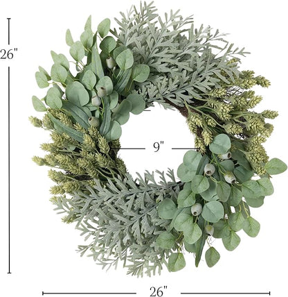 Sullivans Eucalyptus Wreath for Front Door, 26" Mixed Olive Green Pod Leaf Round Summer Wreaths, Indoor Outdoor Greenery Decorations for Fireplace, Mantle, Home Décor