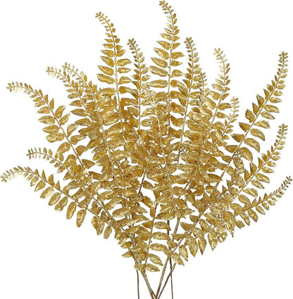 DILATATA 6Pcs Christmas Glitter Leaves Boston Fern Leaves 25" Artificial Gold Fern Leaf Picks Sprays Giltter Stems for Christmas Tree DIY Xmas Wreath Garland Home Decor - Gold