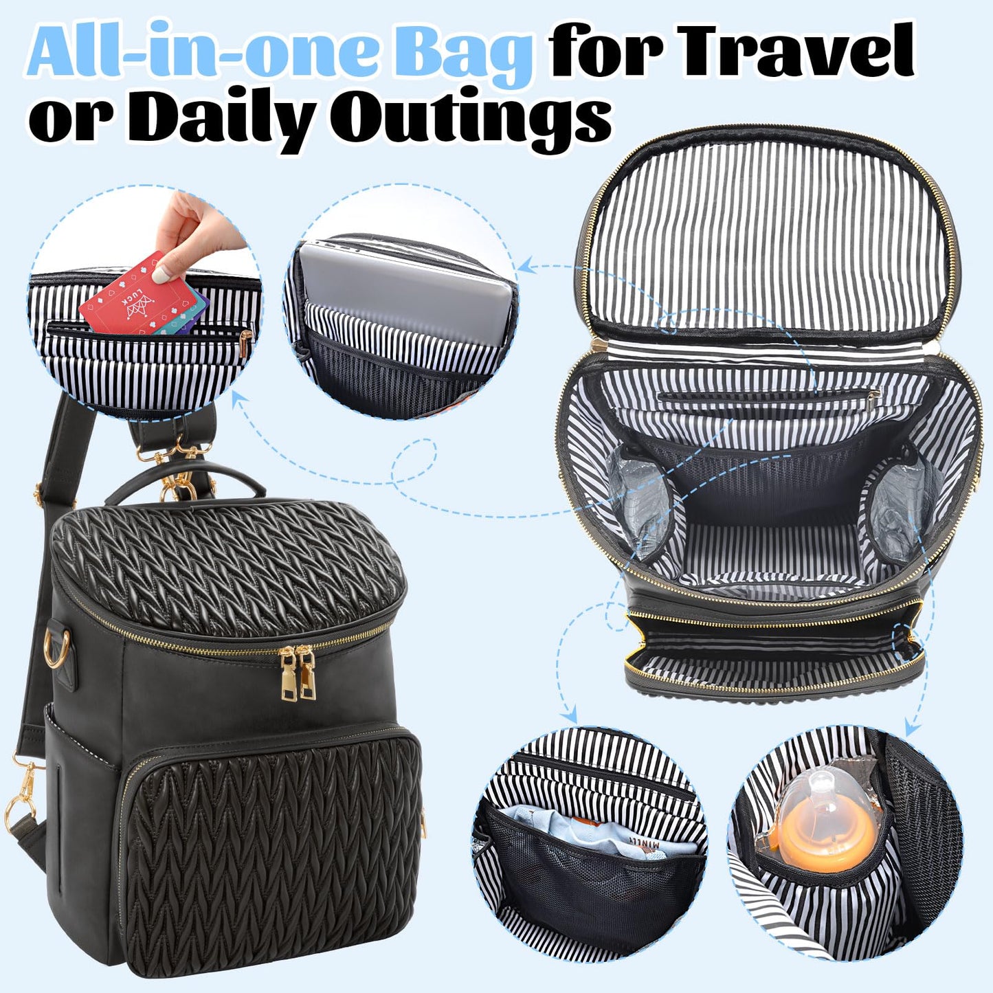 Minsong Diaper Bag Backpack, Fashion Leather Mommy Backpacks, Travel Baby Diaper Bags with in Bag Organizer and Changing Pad (Black-stripes)