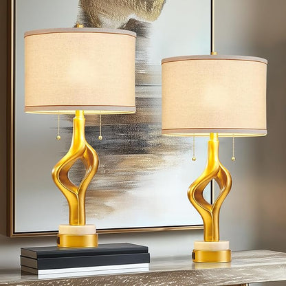 26” Modern Table Lamp Set of 2 for Living Room Bedroom, Gold Sculptural Table Lamp with 2 USB Ports, Resin Desk Lamps Marble Base with Double Pull Chains for Bedside End Tables, Bulb Included