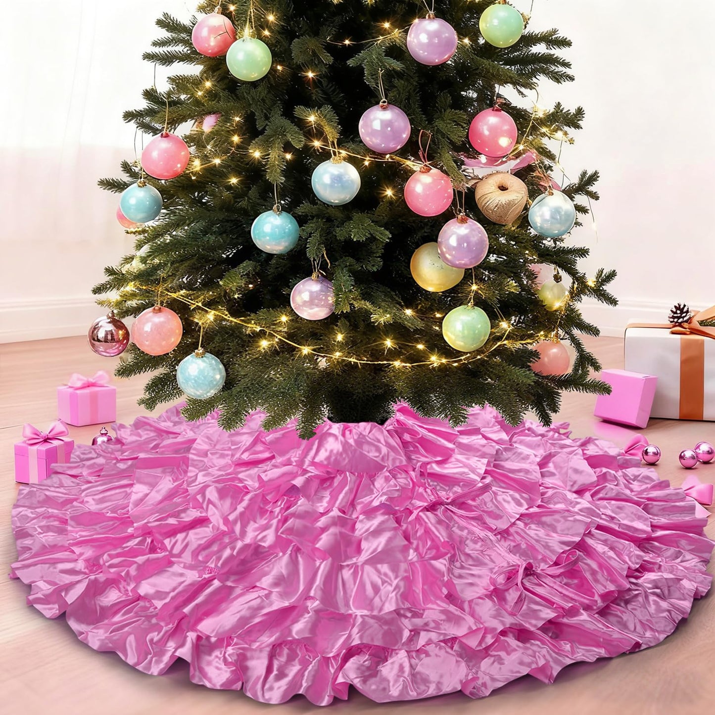 tiosggd Hot Pink Ruffle Tree Skirt, 48 inch 6-Layer Spring Pink Fluffy Tree Skirt, Large Candy Tree Rug for Artificial Trees 6-7.5 FT, Summer Wedding Tree Decorations Ornaments