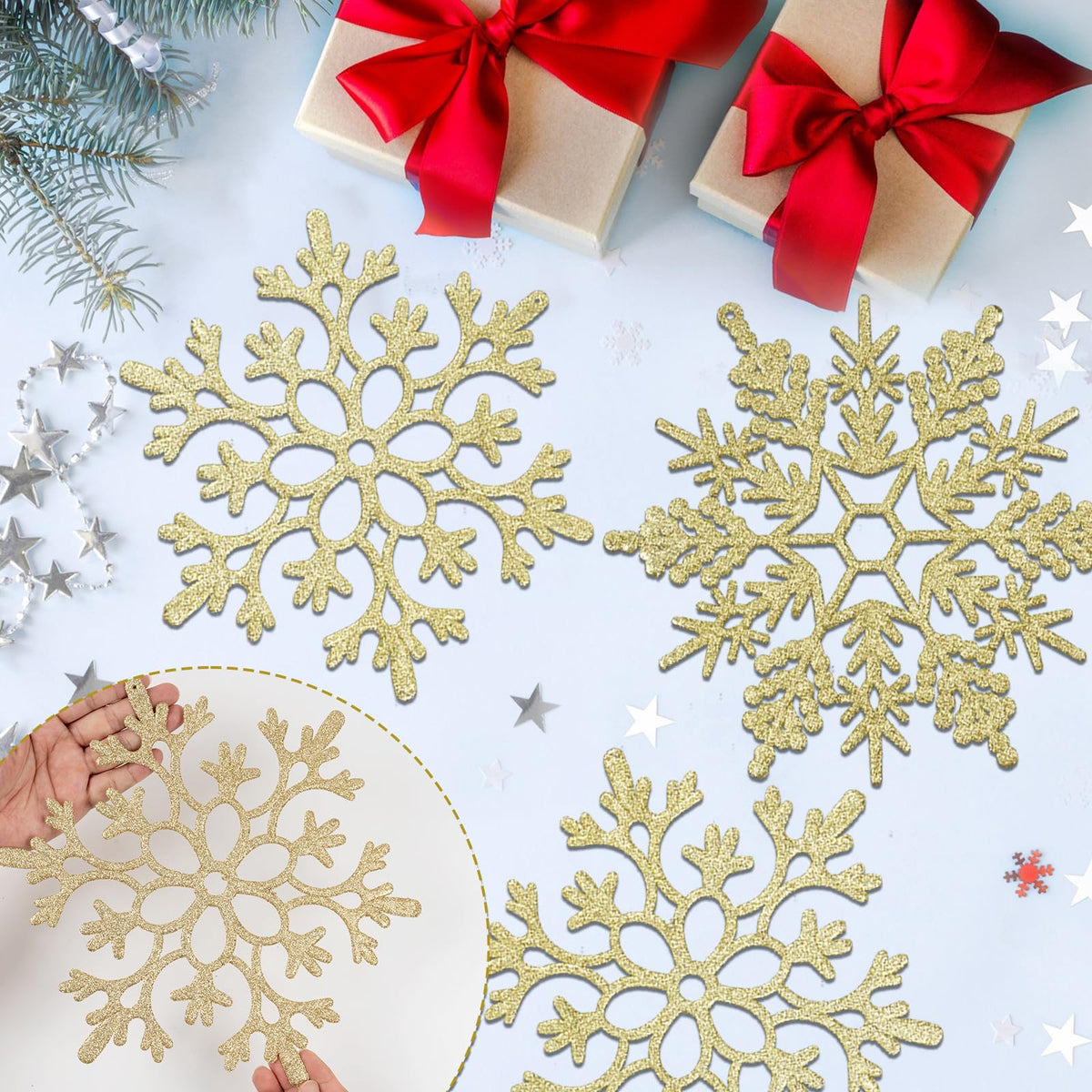 6pcs Large Gold Snowflakes Ornaments 12" Big Plastic Glitter Snowflake for Winter Indoor Outdoor Christmas Tree Window Room Decorations Giant Craft Snowflakes
