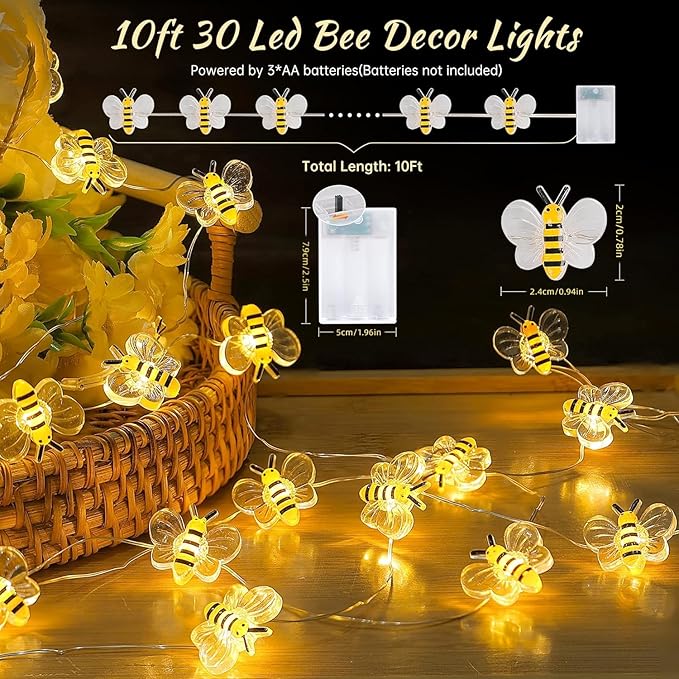 Bee Decor String Lights 10Ft 30 Led Battery Operated Bee Bumble Whimsical Decor Bee Decorations Honey Bee Gifts for DIY, Home, Classroom, Birthday, Kids Room, Garden, Wedding, Party