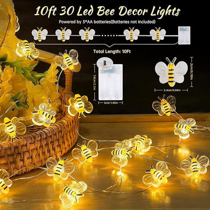 Bee Decor String Lights 10Ft 30 Led Battery Operated Bee Bumble Whimsical Decor Bee Decorations Honey Bee Gifts for DIY, Home, Classroom, Birthday, Kids Room, Garden, Wedding, Party