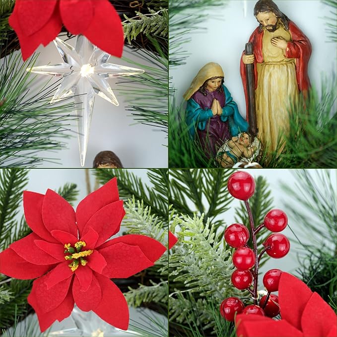 YULETIME 20" Pre-Lit Nativity Wreath, Battery Operated with 10 Fairy Lights, Holy Family Nativity Statue, Star of Bethlehem, Pine Cones, Red Poinsettia & Berries, Pine Needles (Nativity Poinsettia)