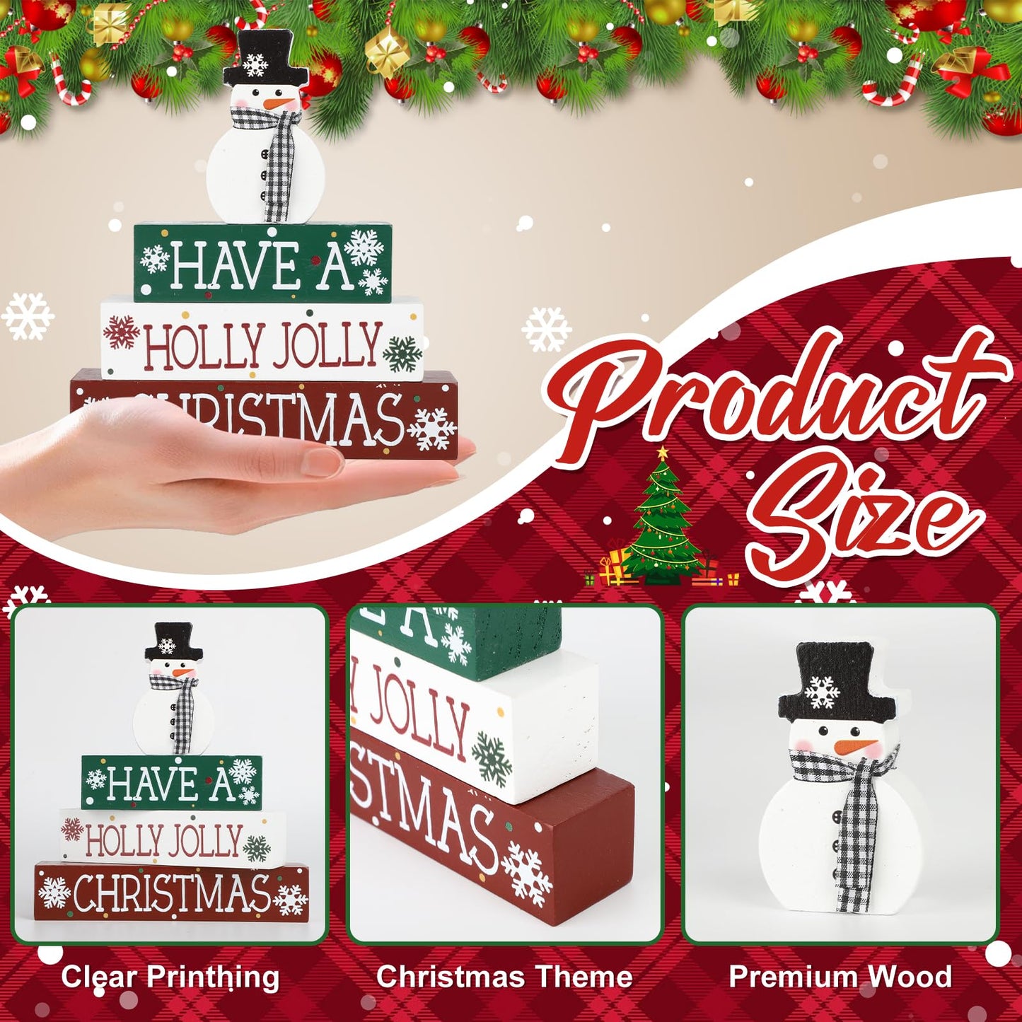 4 Pcs Christmas Decorations Indoor Wooden Snowman Table Sign Decor Table Centerpieces Xmas Merry Christmas Tabletop Block for Holiday Office Desk Tiered Tray Party Shelf Decor Farmhouse Winter