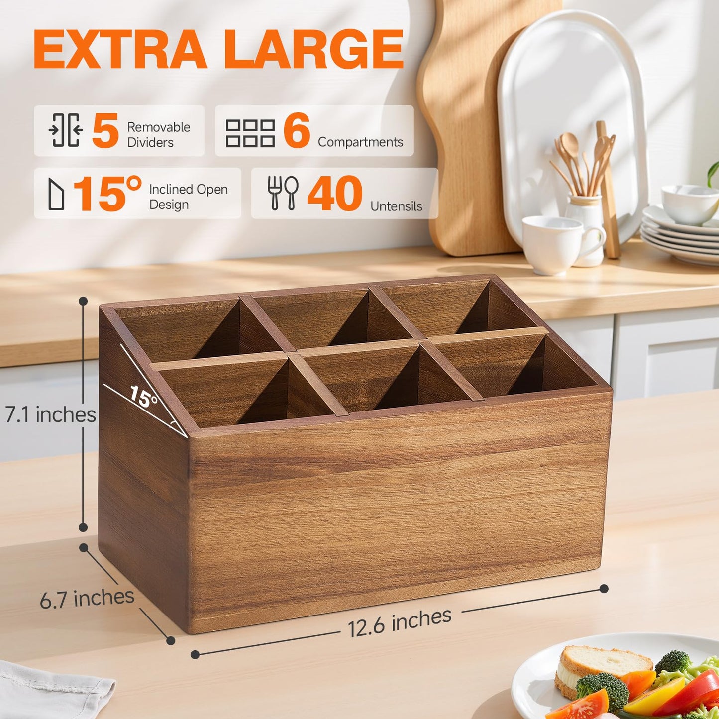 ONEARF Wooden Utensil Holder Counter, Kitchen Utensil Organizer Large 6 Compartment Cooking Utensils Holder, Acacia Rustic Wood Farmhouse Storage Container Crocks for Silverware and Cooker Set