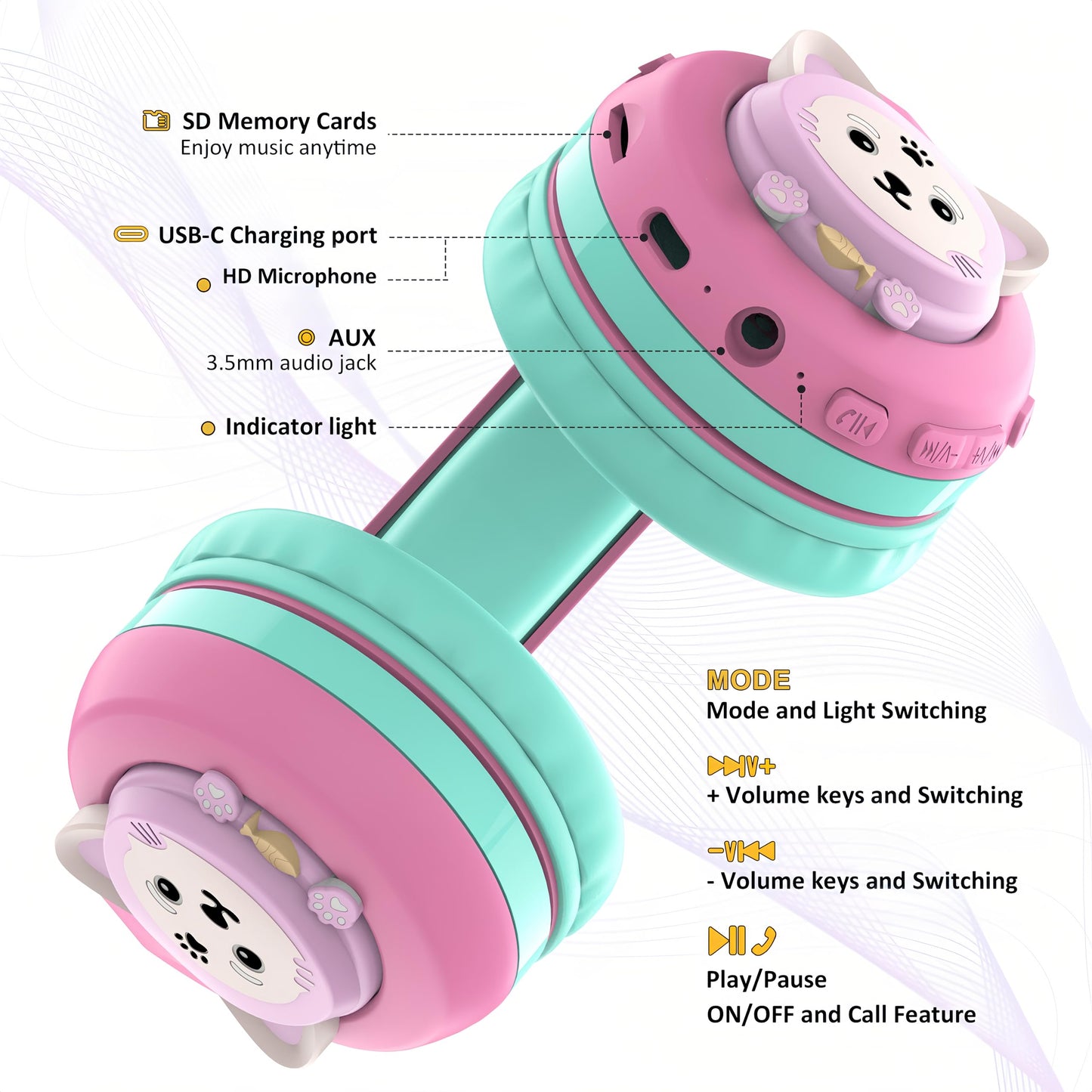 Riwbox CB-7S Kids Wireless Headphones,with Safe Volume Control 74/85/95dB,LED Glow Lights,50H Playtime,Bluetooth V5.3,Built-in Mic, TF Card Slot,for Travel/School/Phone/Laptop (Pink&Green)