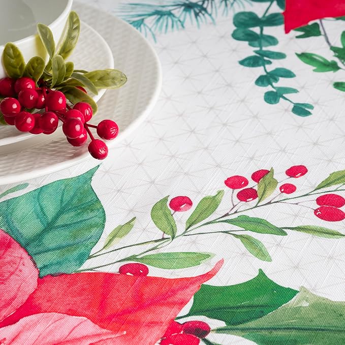Maison d' Hermine Table Cloth Rectangle Table 100% Cotton 54 x 72 Inches Fall Tablecloth Reusable Everyday Use for Thanksgiving Christmas Decorations Dining Farmhouse Party (Poinsettia Christmas)