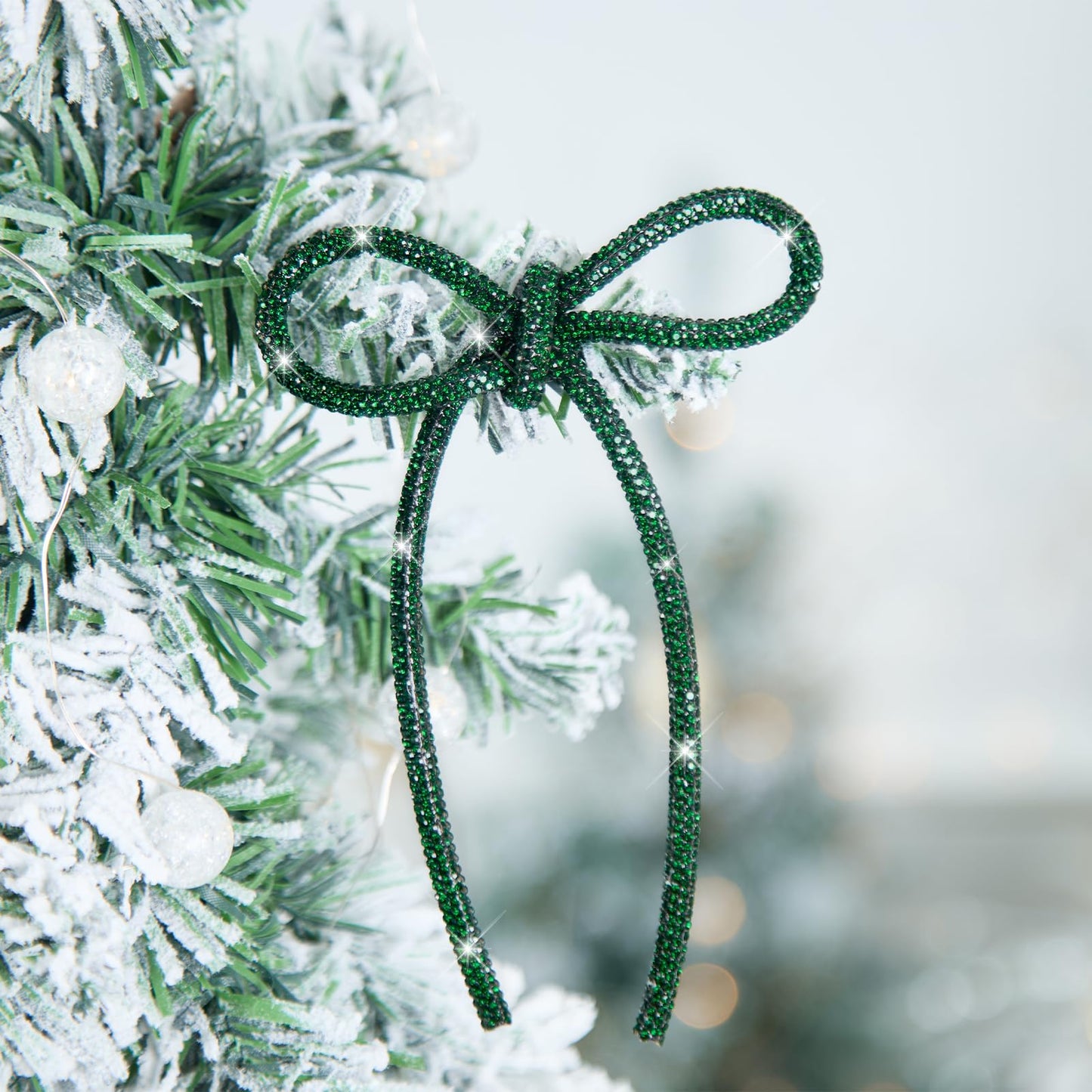 FLAIR GIFTS 6 Pcs 4.3" x 6" 2026 Christmas Bows for Tree Decor, Green Sparkly Glitter Rhinestone Bow Ornaments with Twist Tie for Xmas Decoration, Wreath, Garland, Gift Wrapping