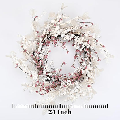 24 inch Winter Wreath for Front Door,Christmas Wreaths Front Door with White Eucalyptus Leaves and White Red Berry Outdoor/Indoor Wall Window Thanksgiving Décor Fireplace Christmas Decorations
