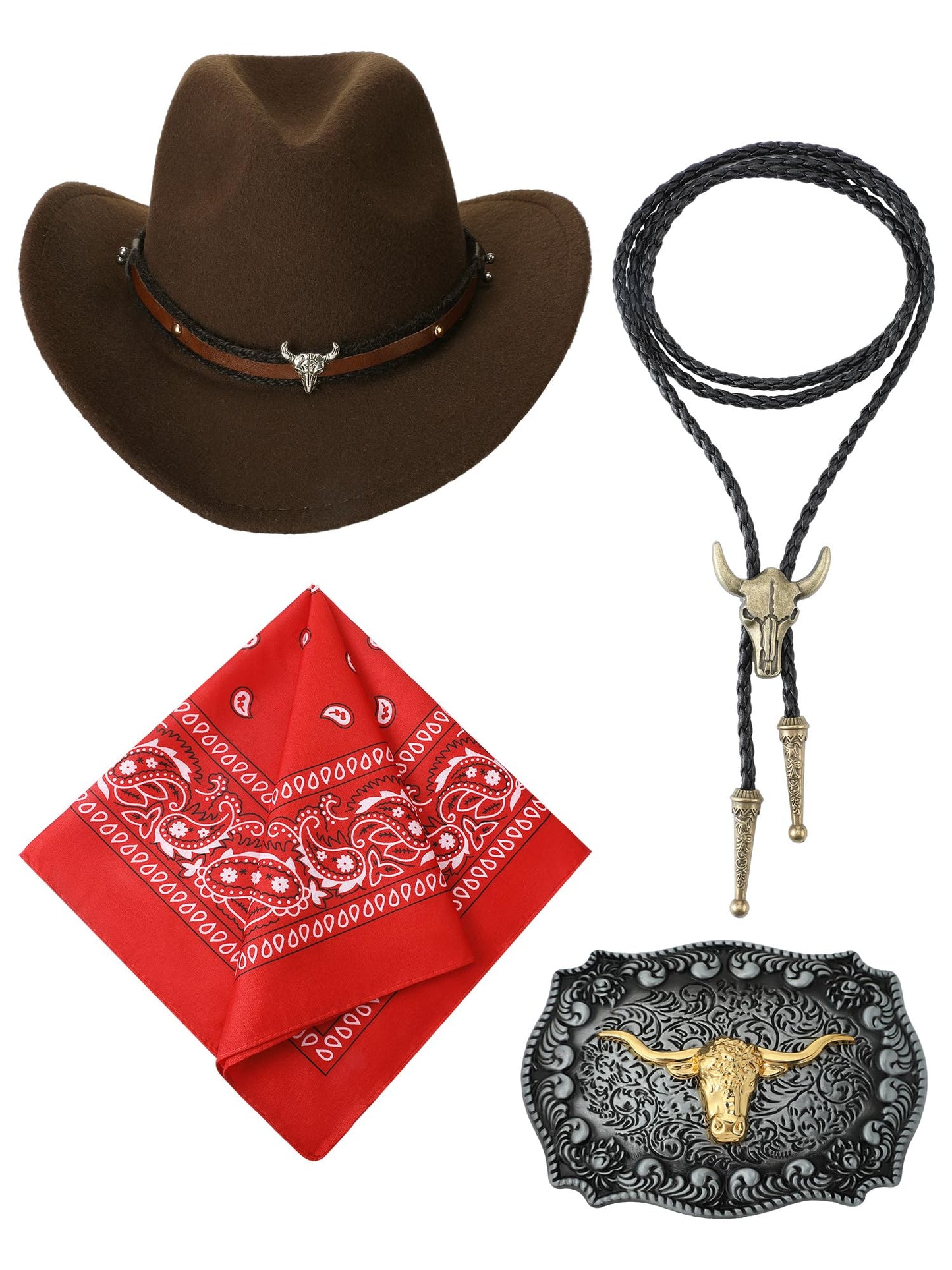 Toulite 4 Pcs Western Cowboy Accessories for Men Cowboy Hat Leather Rodeo Leather Necktie Cow Horn Belt Buckle Paisley Bandana for Western Outfit Halloween Cosplay