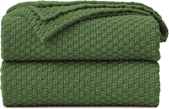 Longhui bedding Olive Green Knitted Throw Blanket for Couch, Soft, Cozy Machine Washable 100% Cotton Sofa Knit Blankets, Heavy 3.0lb Weight, 51 x 63 Inches, Green Color.