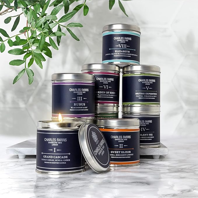 Charles Farris Luxury Scented Candle – Tin, Hand-Poured, Long Lasting, Clean Burning, 300g / 10.5oz, Burns for up to 40 Hours, Made in England – Orange Blossom, Jasmine & Green Mulberry – Elizabeth