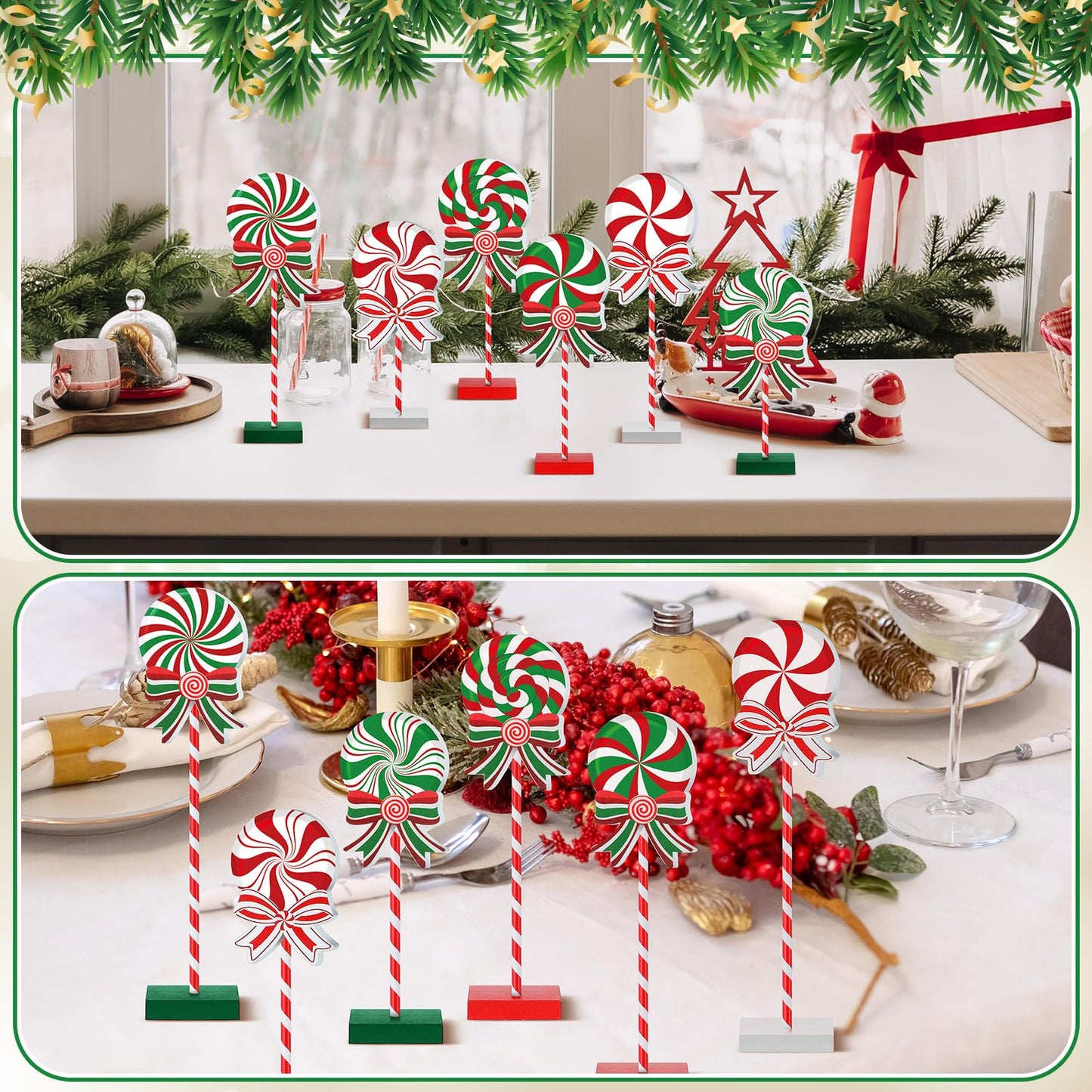 6 Pieces Christmas Candy Wooden Tabletop Decor Candy Cane Tall Standing Wood Block Xmas Cane Table Centerpiece Sign for Christmas Tiered Tray Home Desk Office Party Decoration(Wood,Red, Green, White)