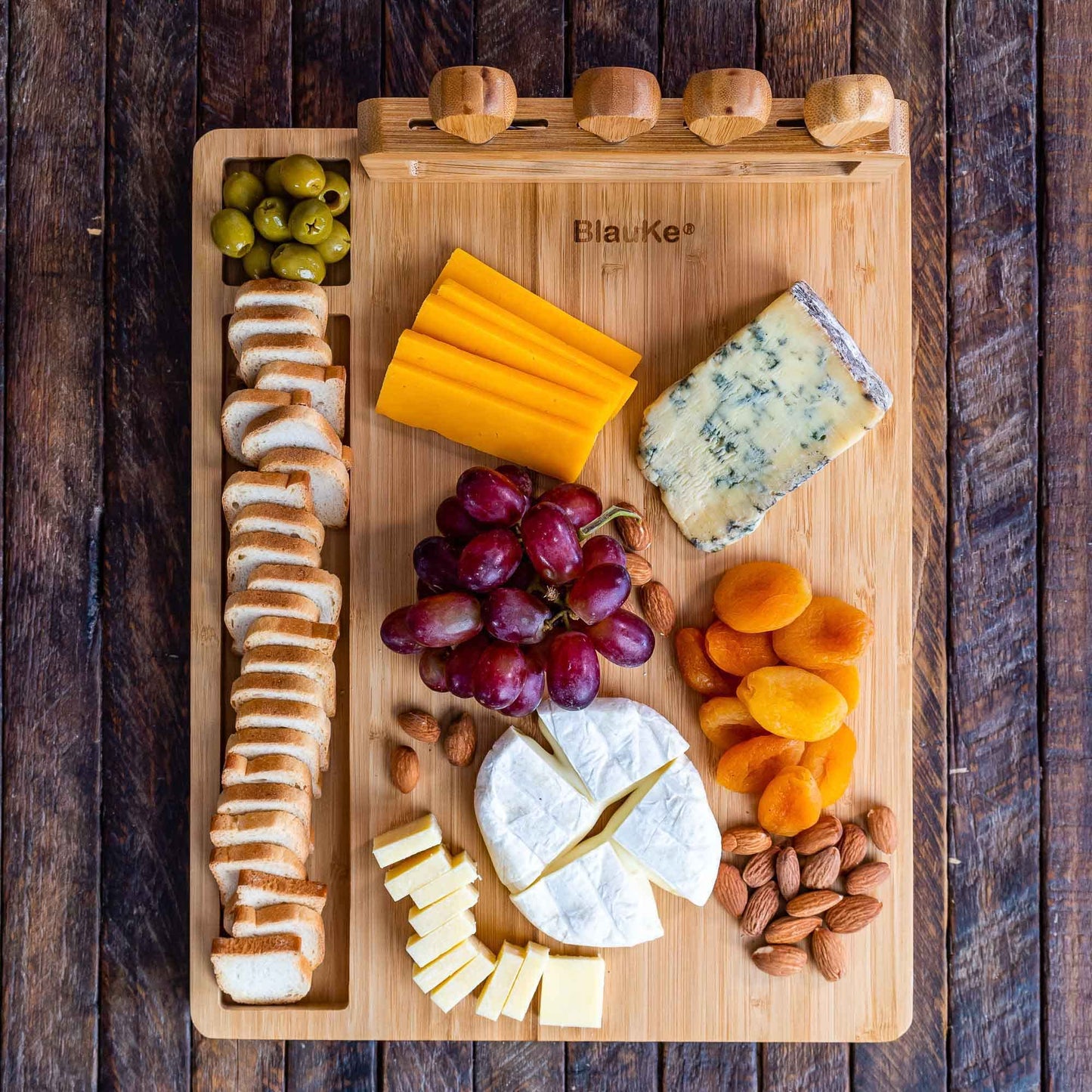 Bamboo Cheese Board and Knife Set 14x11 inch – Wood Cheese Cutting Board, Serving Tray Platter, Charcuterie Board Set with 4 Cheese Knives – BlauKe®