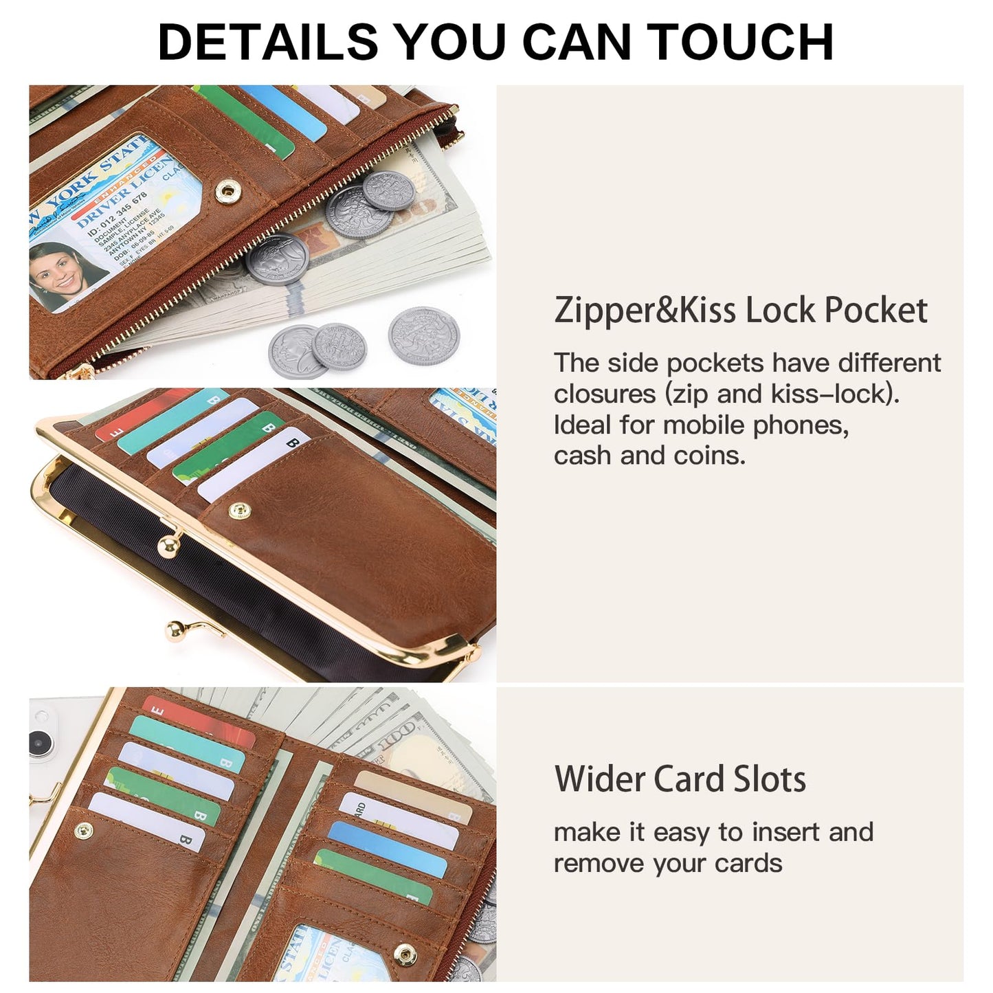 GOIACII Womens Wallet Ladies Vintage Billfold Compact Card Holder Long Zip Clutch Purse with Kiss Lock Brown